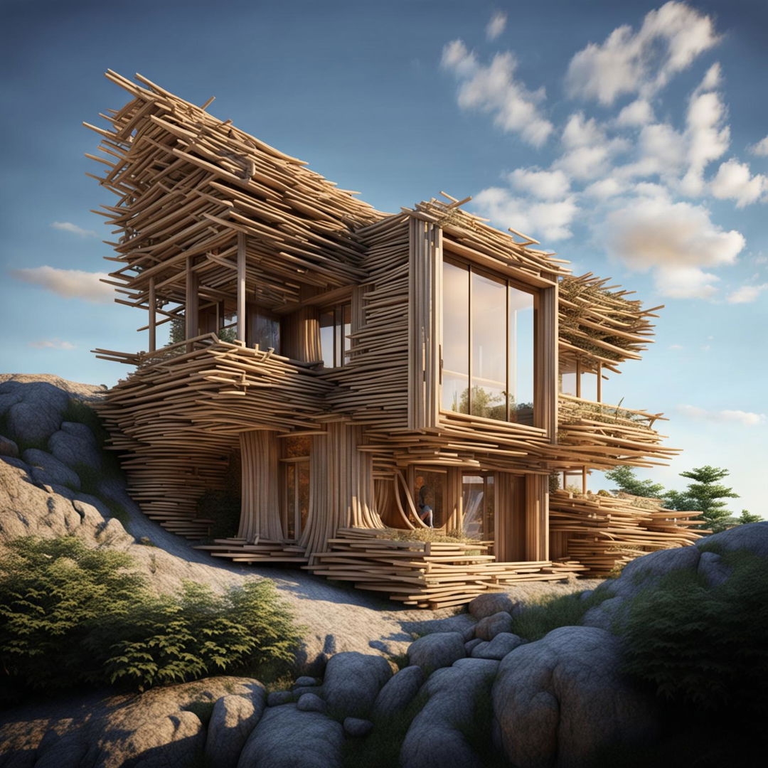 The image is a high-quality digital render of a unique architectural home on a dry flax-covered hill