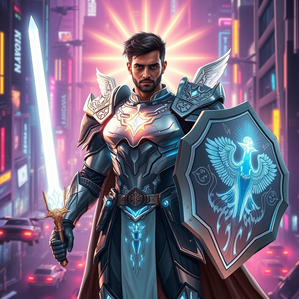 Isaiah Saldavar depicted as a futuristic superhero, wearing striking holy armor that gleams with ethereal light