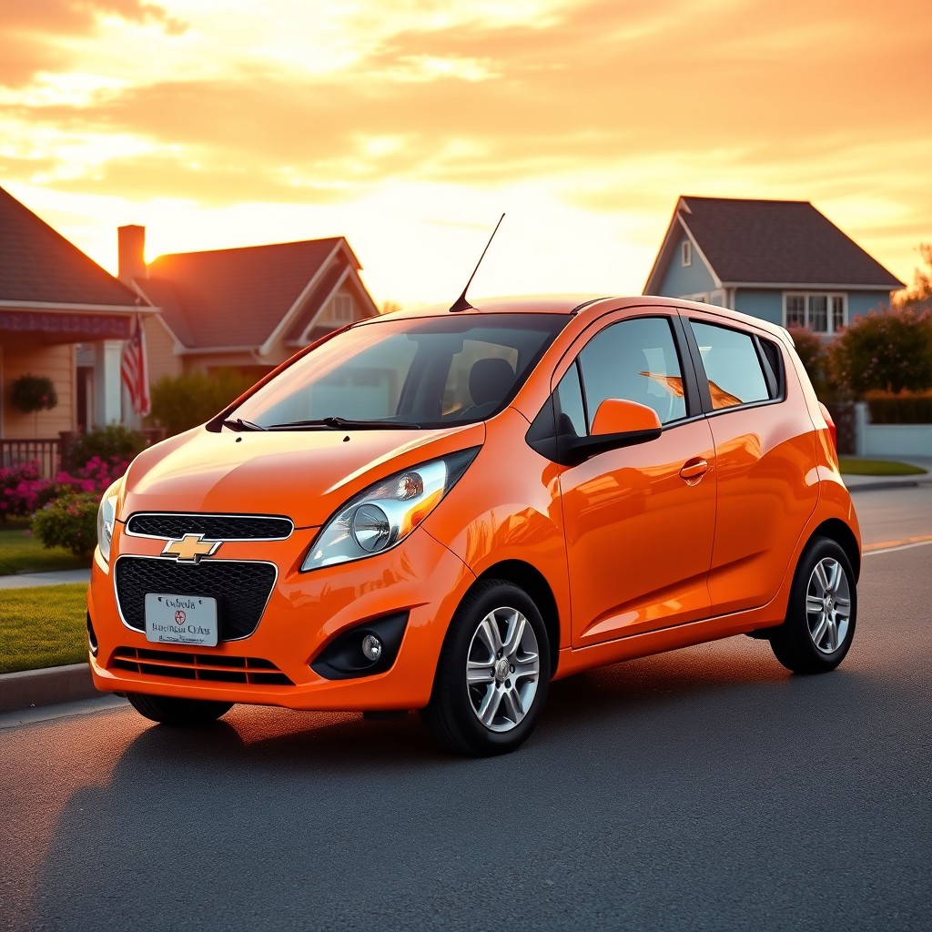 A vibrant and stylish Chevrolet Spark parked on a scenic street during golden hour