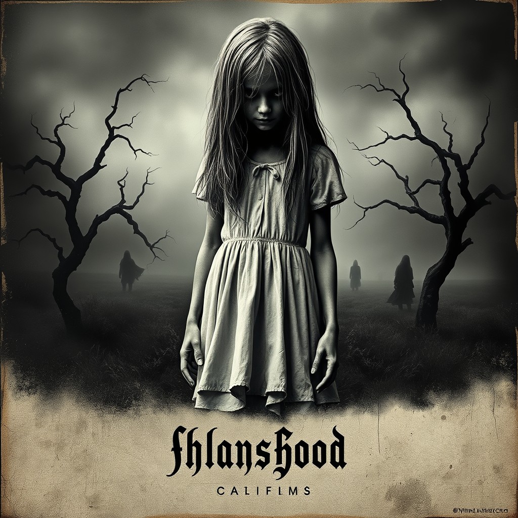 A horror-themed poster featuring a chilling and eerie atmosphere in black and white