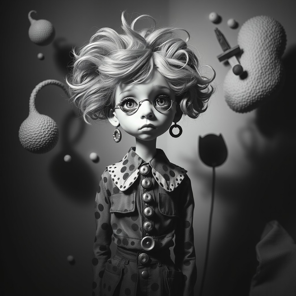 A surreal and whimsical representation of a peculiar girl, depicted in black and white