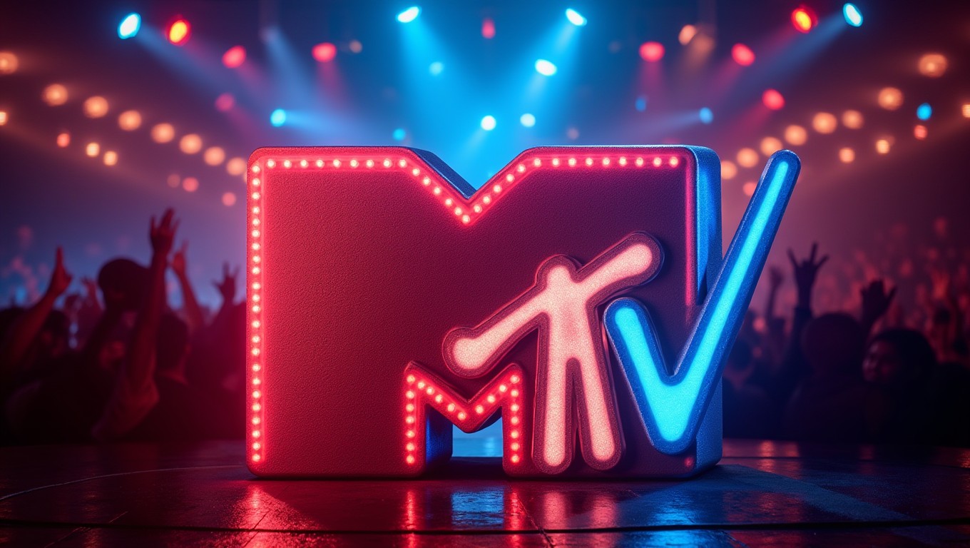 The letters 'MTV' illuminated by vibrant stage lights in various colors, casting dynamic shadows and reflections