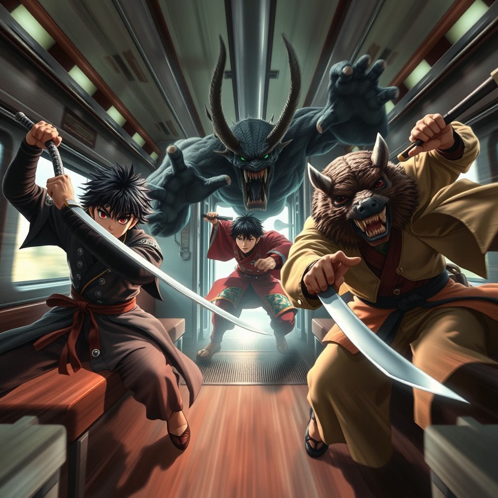 A dynamic and action-packed scene from the 'Demon Slayer: Mugen Train' movie, showcasing Tanjiro Kamado, Zenitsu Agatsuma, and Inosuke Hashibira in their iconic demon-slaying attire, battling a fearsome Lower Moon demon on a train