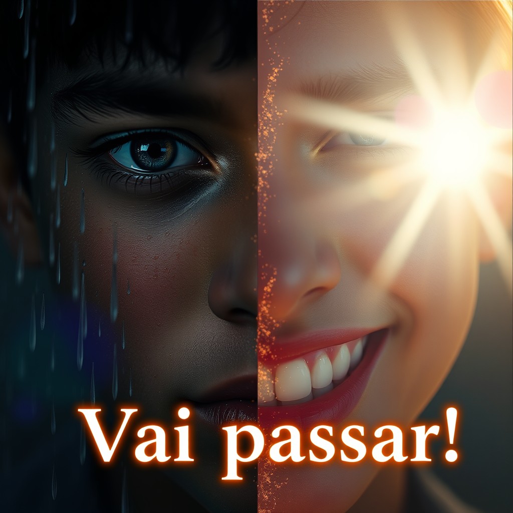 Cinematic close-up of a young person's face split into two halves: the left side depicts tears falling, a wet face, rain effect with dark shadows, and dramatic lighting that conveys deep sadness; the right side showcases a bright smile with sunlight shining down, creating a warm glow, reflecting hope and peace in the eyes
