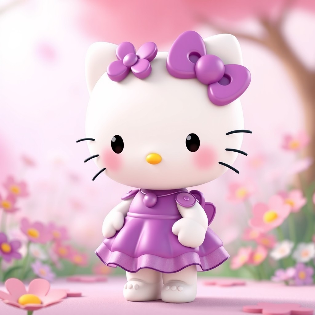 An animated Hello Kitty character wearing a beautiful purple dress, with a playful expression