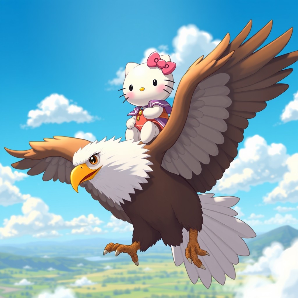 An animated depiction of Hello Kitty riding majestically on the back of a large, majestic eagle