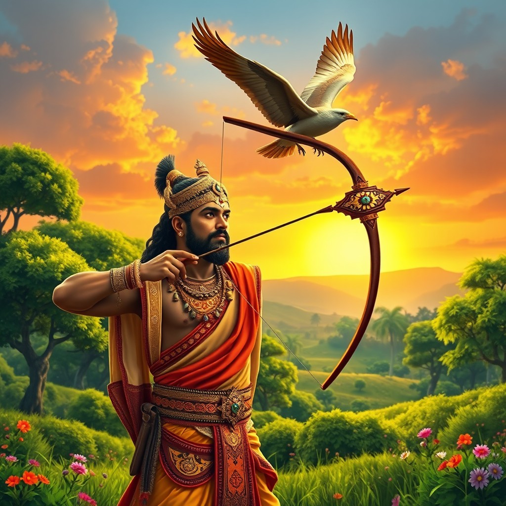 Yudhishthira, the noble and wise king, stands poised with a beautifully crafted bow in his hand, his gaze focused intently on a majestic bird soaring overhead