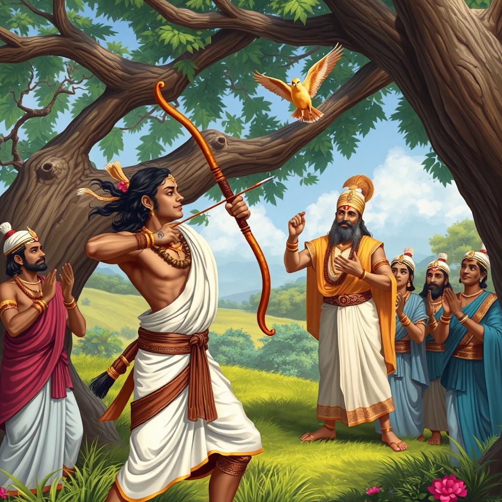 A historical scene depicting Arjuna aiming his bow and arrow at a bird perched high on a tree