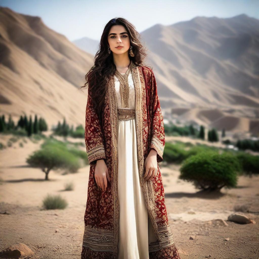 An image of a tall Iranian girl with medium-length, wavy hair dressed in traditional clothing, standing proudly against a striking landscape backdrop.