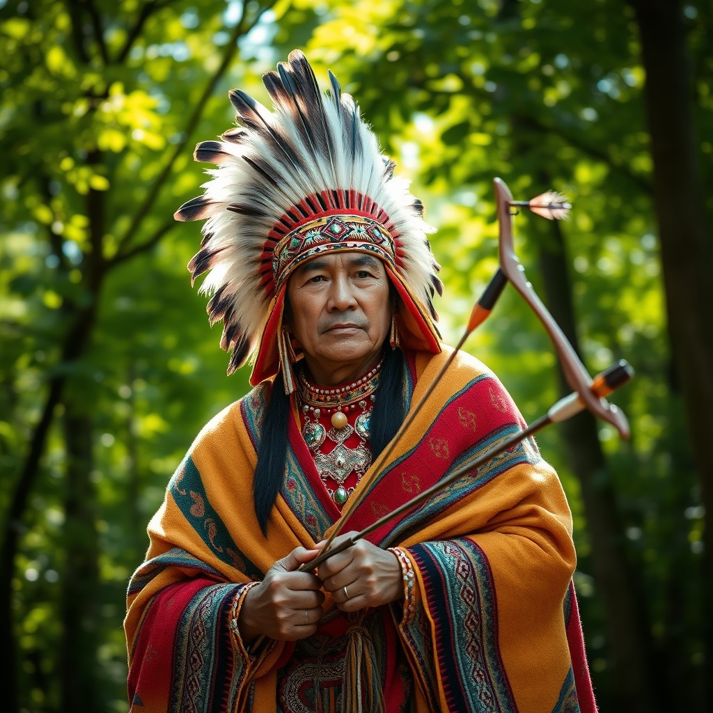 A majestic chief wearing a colorful traditional wrap, with intricate patterns, stands confidently