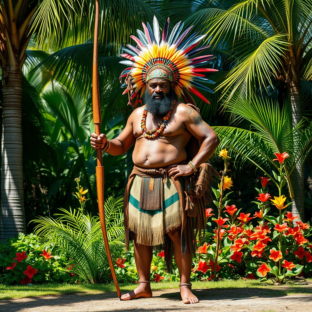 A powerful Vanuatu chief standing majestically with a traditional bow and arrow, wrapped in a vibrant hand-woven ceremonial headdress adorned with colorful feathers and tribal patterns