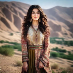 An image of a tall Iranian girl with medium-length, wavy hair dressed in traditional clothing, standing proudly against a striking landscape backdrop.