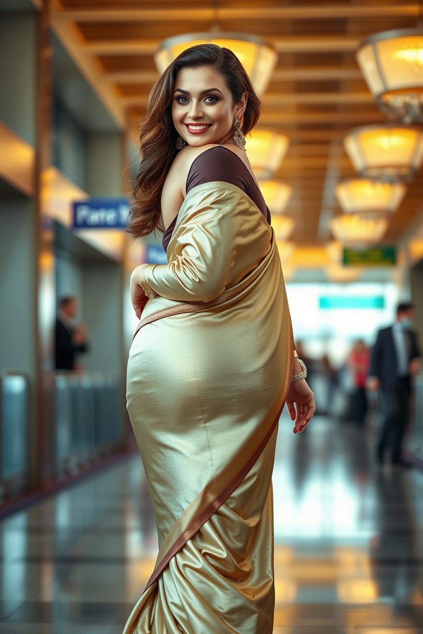 Ultra-realistic full-body portrait of a glamorous curvy Russian woman model walking forward with confidence in a luxurious airport setting