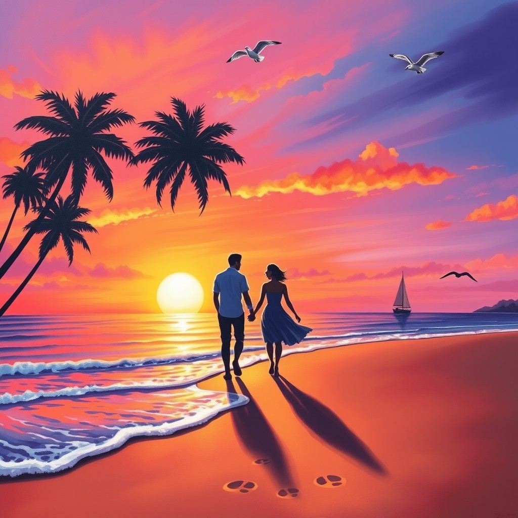 A vibrant scene depicting a tropical sunset over a serene beach, with waves gently lapping at the shore