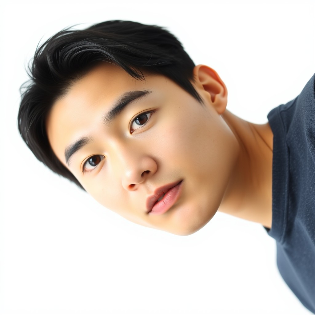 A realistic passport style photo of a young adult Asian male with short black hair and brown eyes, looking directly at the camera