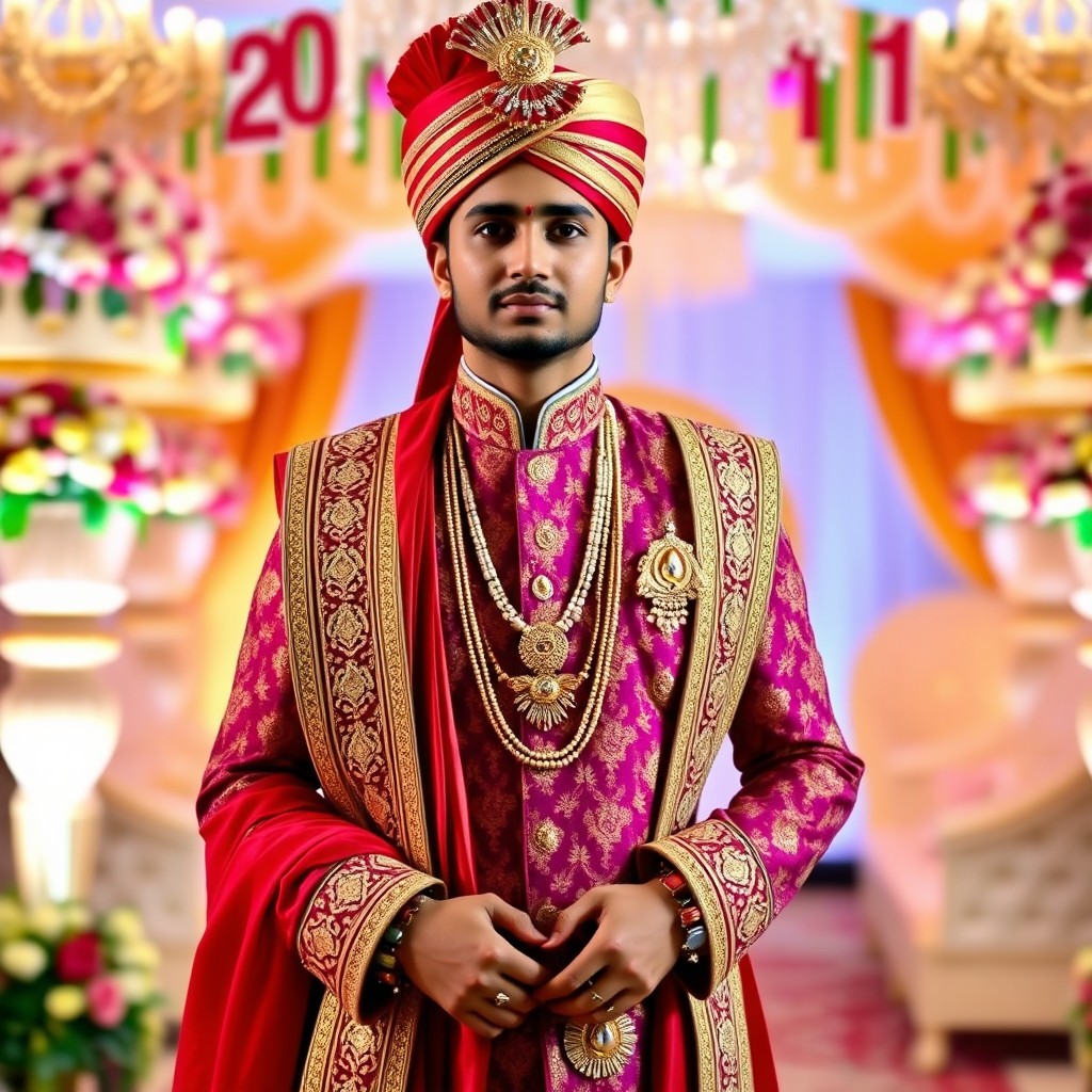 A traditional Indian groom dressed in ornately designed attire, showcasing vibrant colors and intricate embroidery