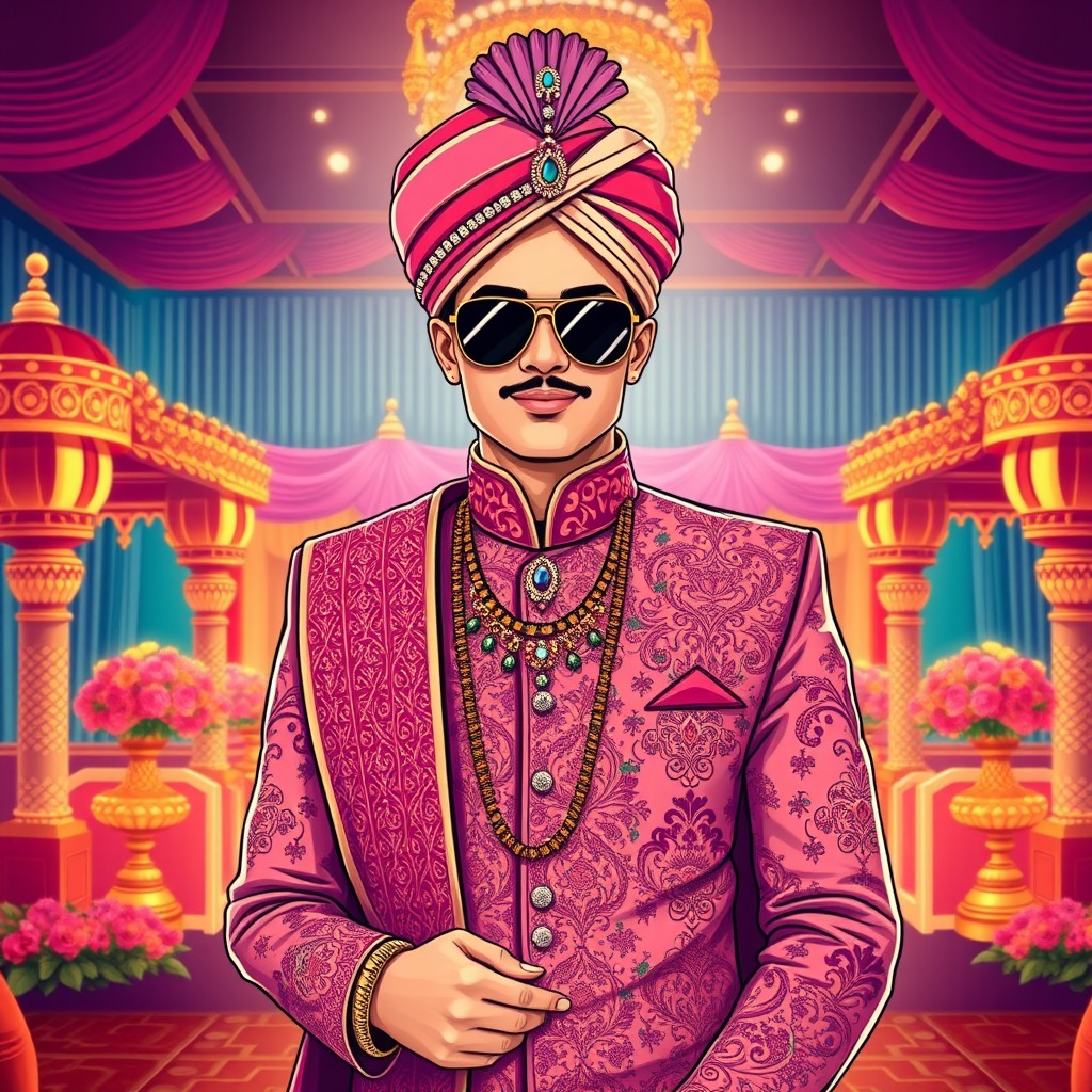 An illustration of a traditional Indian groom wearing stylish sunglasses, dressed in an ornately designed sherwani with vibrant colors and intricate embroidery