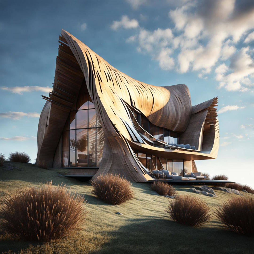 The image is a high-quality digital render of a unique architectural home on a dry flax-covered hill