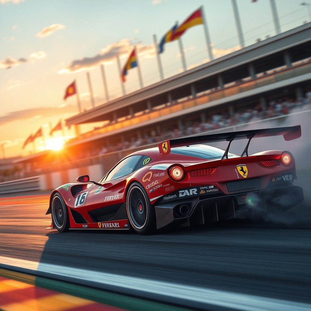 An exhilarating scene featuring a Ferrari VGT racing car in a dynamic racing setting
