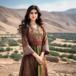 An image of a tall Iranian girl with medium-length, wavy hair dressed in traditional clothing, standing proudly against a striking landscape backdrop.