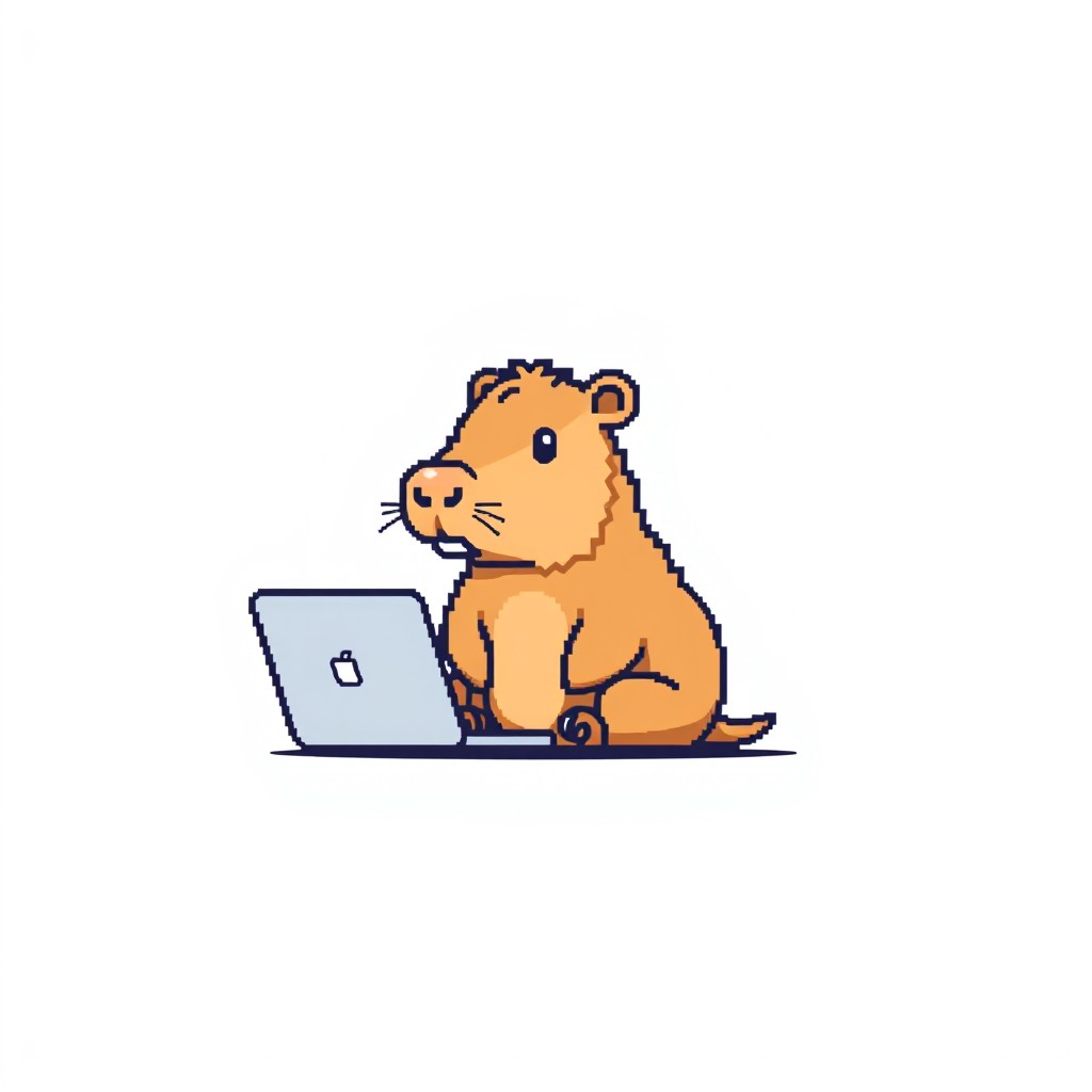 A cute pixel art logo of a capybara sitting in front of a laptop