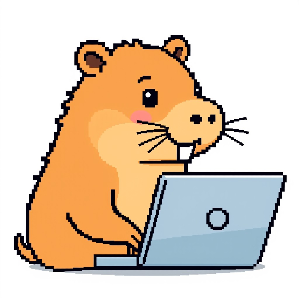 A cute pixel art logo featuring a capybara happily sitting in front of a laptop