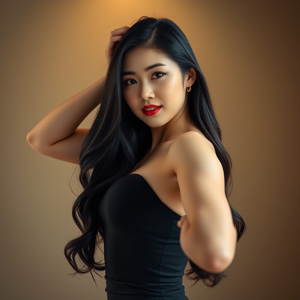 A beautiful Korean woman striking a confident pose, showcasing her strong and curvy figure