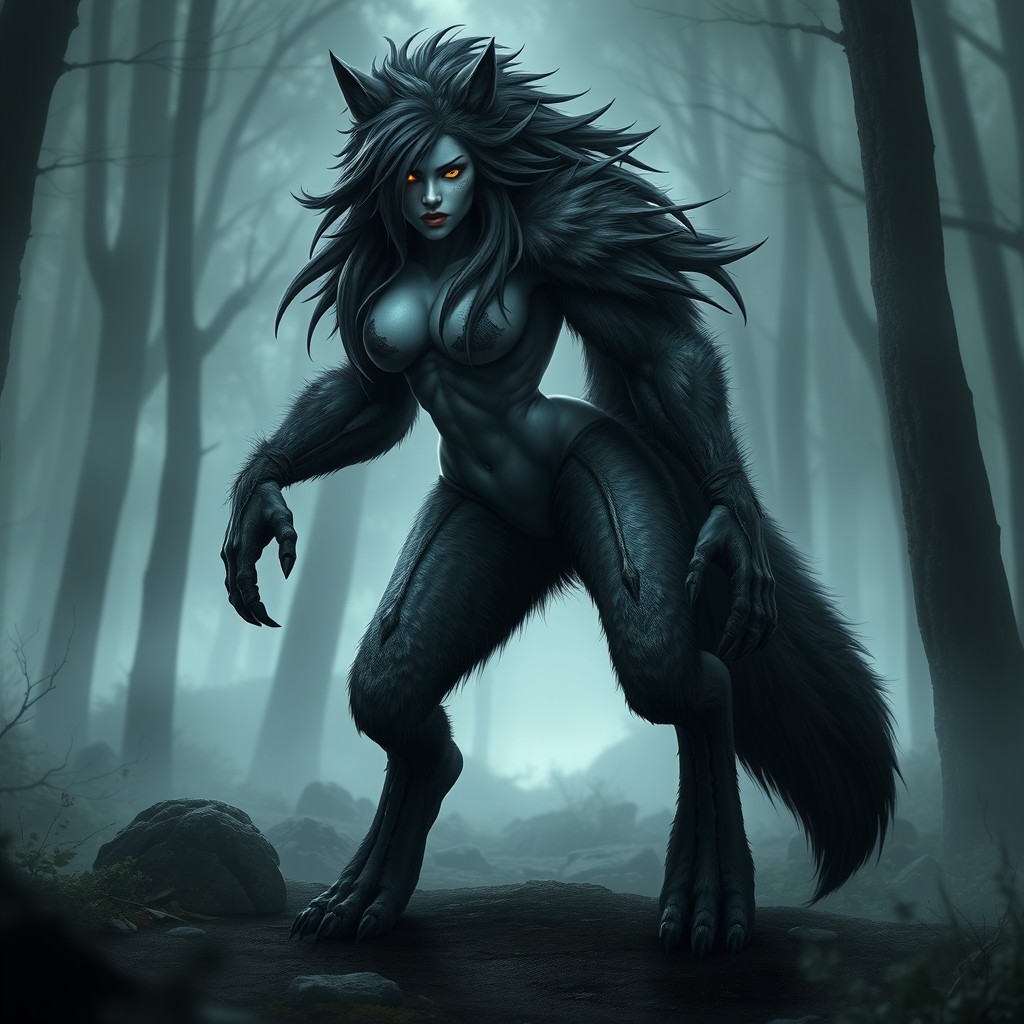 A tall and athletic female werewolf with a humanoid wolf-like appearance, featuring digitigrade legs and clawed hands and feet