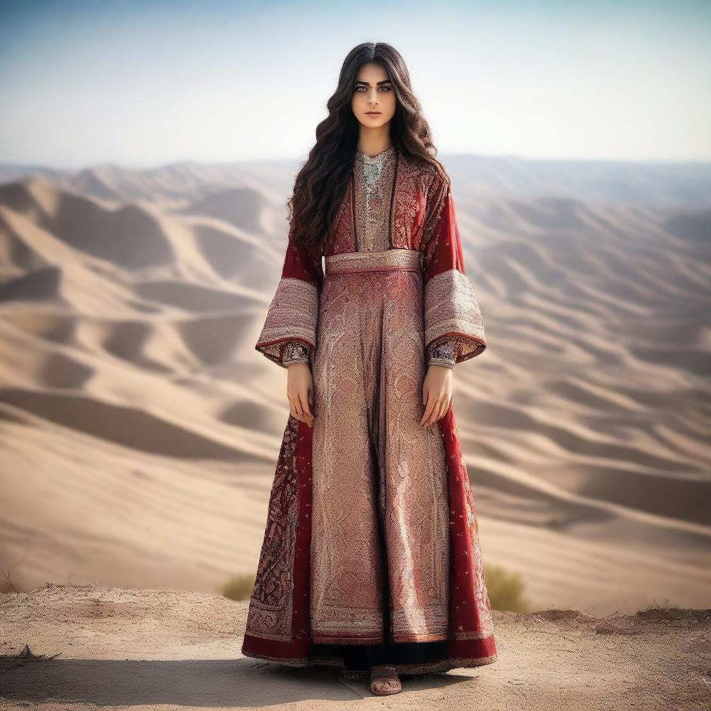 An image of a tall Iranian girl with medium-length, wavy hair dressed in traditional clothing, standing proudly against a striking landscape backdrop.