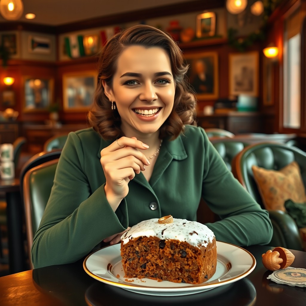 A woman seated in a cafe styled in Irish decor from the 1930s, surrounded by vintage furnishings and a vibrant atmosphere