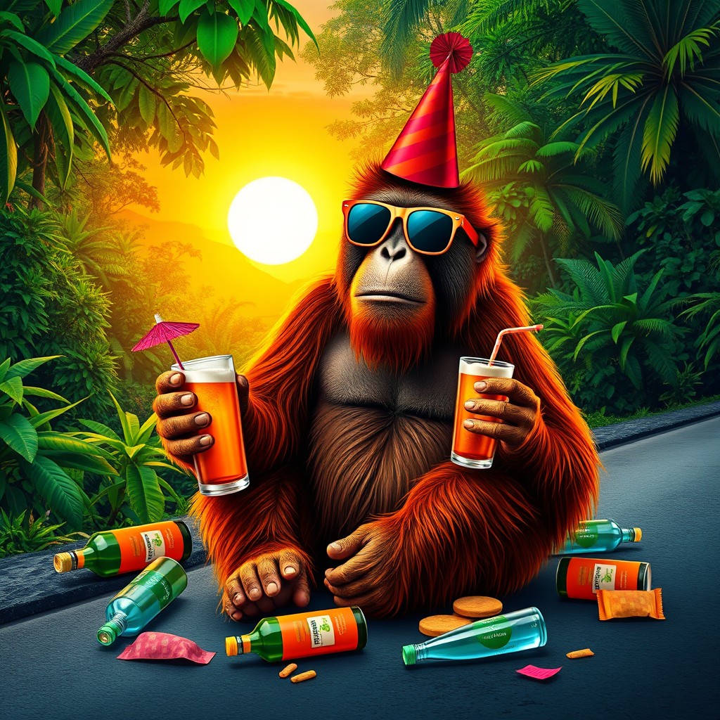 A humorous scene depicting a drunken orangutan sitting on the side of a road, wearing oversized sunglasses, with a comically tilted party hat