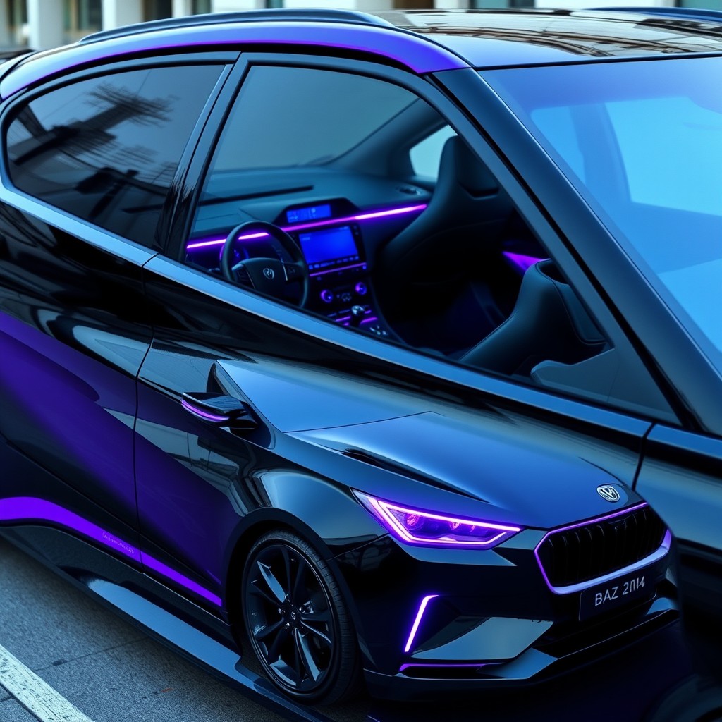 A sleek BAZ 2114 painted in a striking black and purple color scheme, showcasing a stylish and modern design