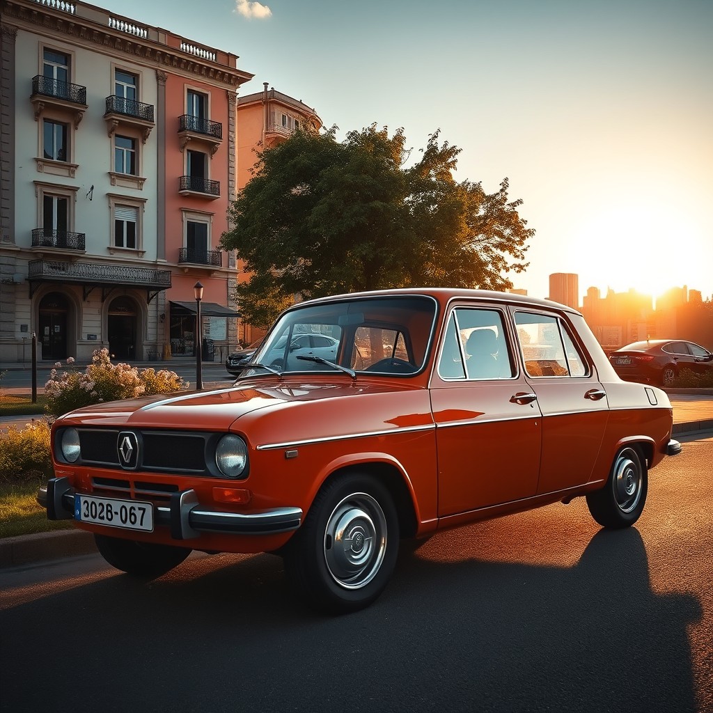 A stunning Renault 19 parked in a scenic urban environment during golden hour, showcasing its sleek lines and vintage design