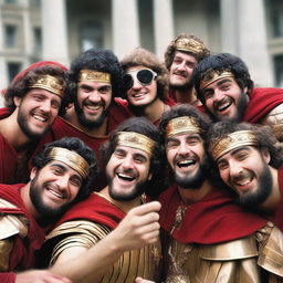 An anachronistic image of people from 200 AD taking a 'selfie'. Dressed in classic Roman-era attire, they huddle together around a reflective surface, capturing their likeness, mimicking modern-day selfie taking.