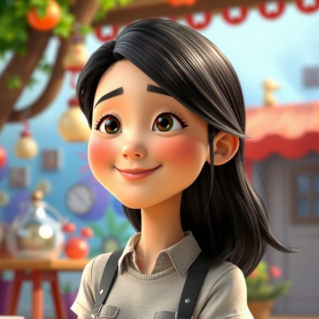A Pixar-style animated character with a warm and thoughtful expression, resembling a 33-year-old Asian woman