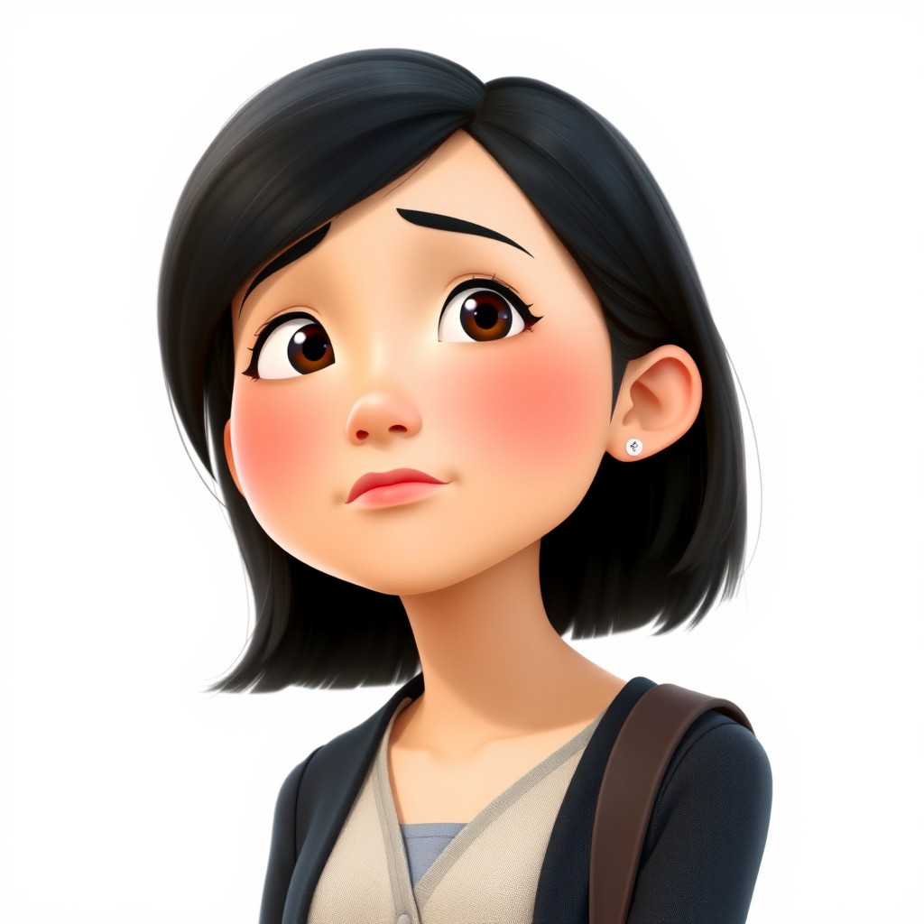 A Pixar-style animated character with a thoughtful expression, as if she is deep in thought