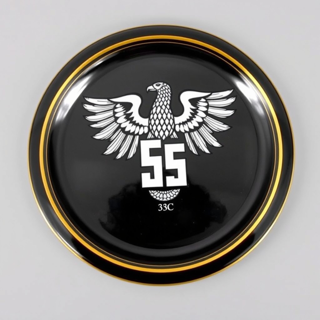 A round plate measuring 33 centimeters in diameter, featuring a prominent and intricately designed German eagle at the top