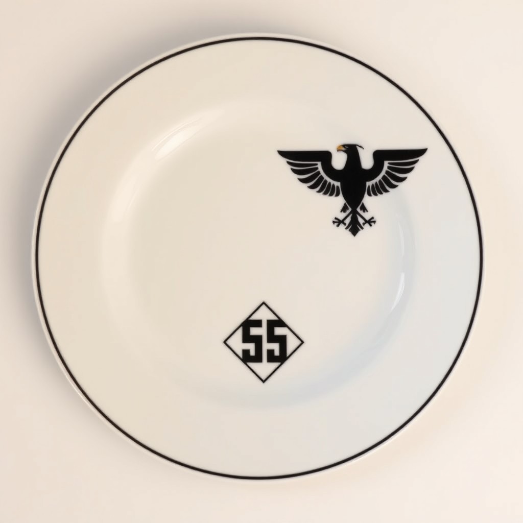 A white plate featuring a striking design with a black German eagle prominently displayed on the top edge