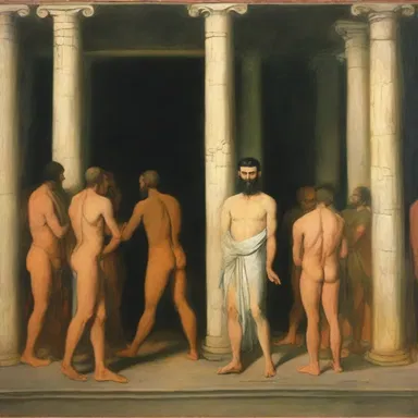 The painting depicted a scene where a group of people gathered to lapidate a convicted criminal in ancient times.