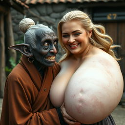 In a medieval village scene, an elderly black woman of low stature and frail appearance, featuring rotten teeth and elf-like ears, is dressed in a long, fully enclosed Buddhist robe