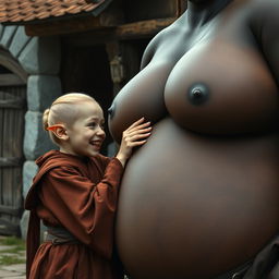 In a medieval village setting, a young, short, and frail blonde woman with rotten teeth and elf-like ears is dressed in a long, closed Buddhist robe