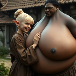 In a medieval village setting, a young, short, and frail blonde woman with rotten teeth and elf-like ears is dressed in a long, closed Buddhist robe