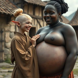 In a medieval village setting, a young, short, and frail blonde woman with rotten teeth and elf-like ears is dressed in a long, closed Buddhist robe