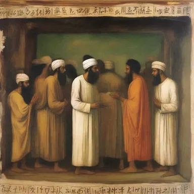 The painting depicted a scene where a group of people gathered to lapidate a convicted criminal in ancient times.