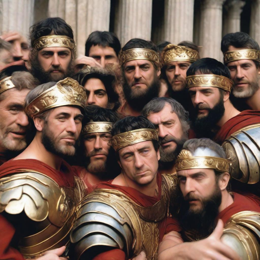 An anachronistic image of people from 200 AD taking a 'selfie'. Dressed in classic Roman-era attire, they huddle together around a reflective surface, capturing their likeness, mimicking modern-day selfie taking.