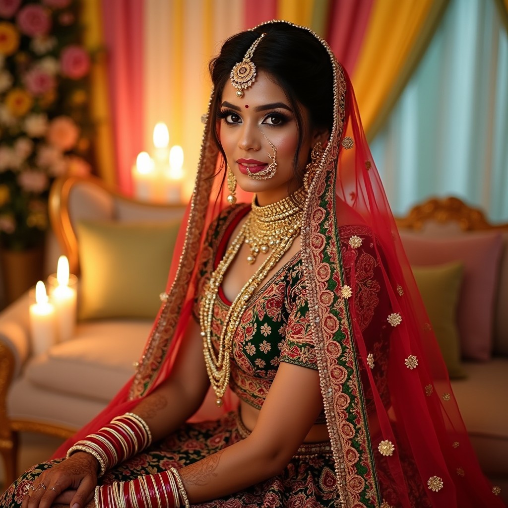 A stunning Indian bride adorned in a vibrant and intricately designed traditional bridal outfit, featuring beautiful embroidery with bright colors like red, gold, and green
