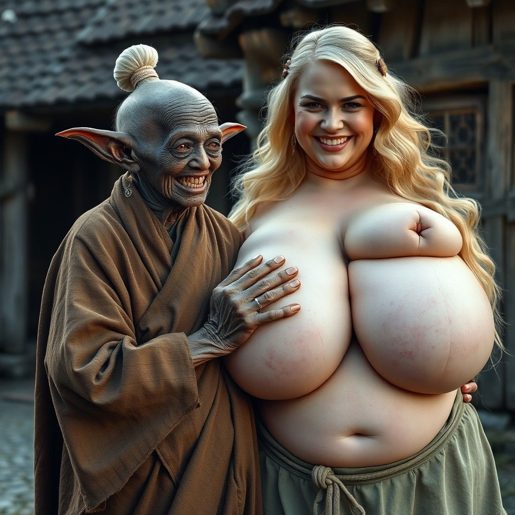 in a medieval village setting, featuring a very short, malnourished elderly black woman with rotten teeth and elf-like ears, dressed in a long, fully closed Buddhist robe, with her hair styled in a bun and adorned with medieval earrings