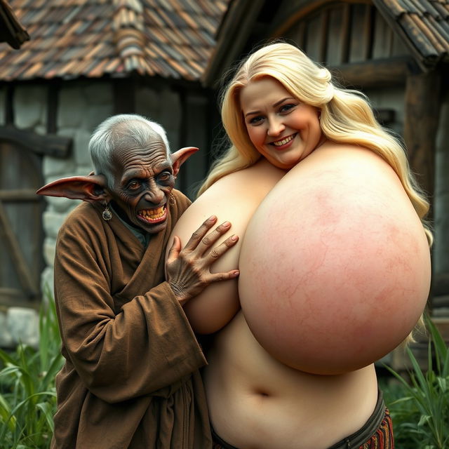 in a medieval village setting, featuring a very short, malnourished elderly black woman with rotten teeth and elf-like ears, dressed in a long, fully closed Buddhist robe, with her hair styled in a bun and adorned with medieval earrings