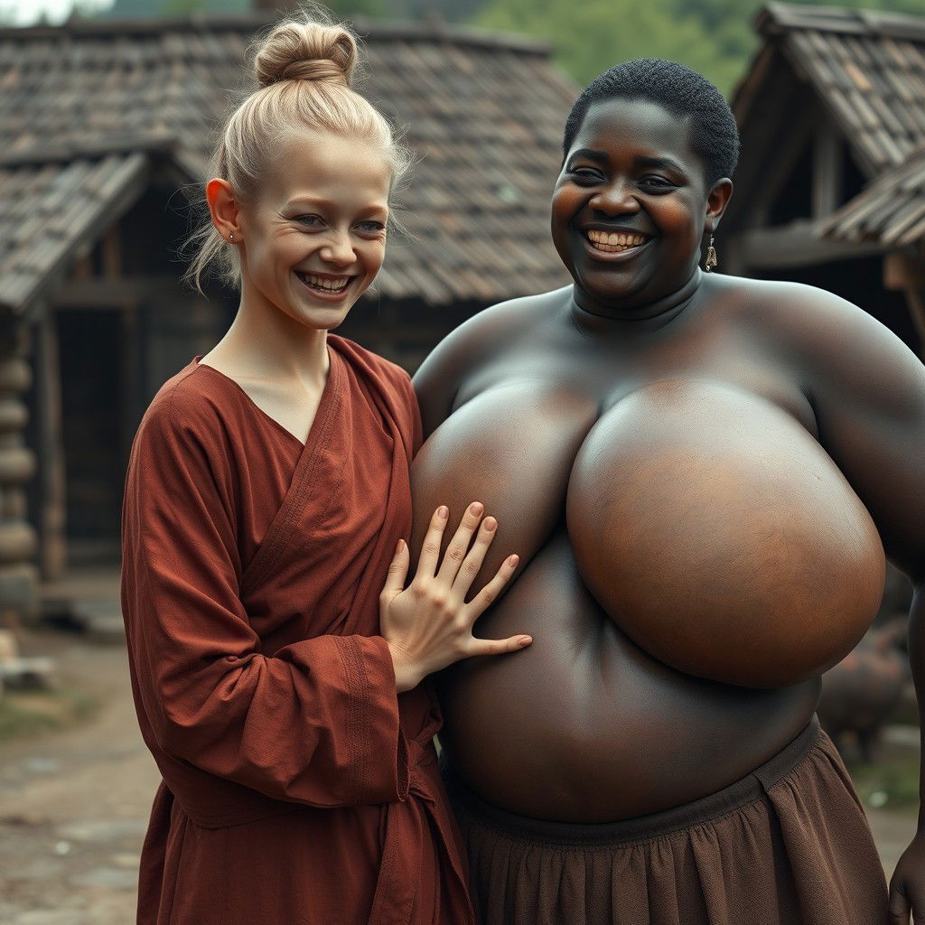in a medieval village setting, featuring a very short, malnourished young blonde woman with rotten teeth, dressed in a long, fully closed Buddhist robe, her hair styled in a bun and wearing medieval earrings