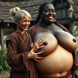 in a medieval village setting, featuring a very short, malnourished young blonde woman with rotten teeth, dressed in a long, fully closed Buddhist robe, her hair styled in a bun and wearing medieval earrings